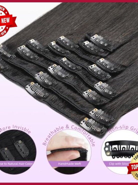 24 Inch Clip In Human Hair Extensions, 8 Piece Set, Seamless Straight main image 5